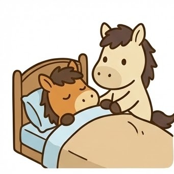 A light-colored horse tucks a brown horse into a wooden bed with a beige blanket.