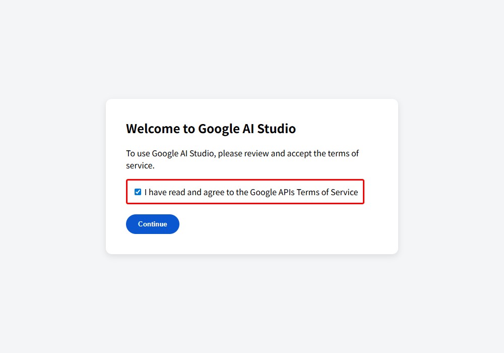 AI Studioの利用規約（Terms of Service）同意画面。チェックを入れてContinueをクリックします。