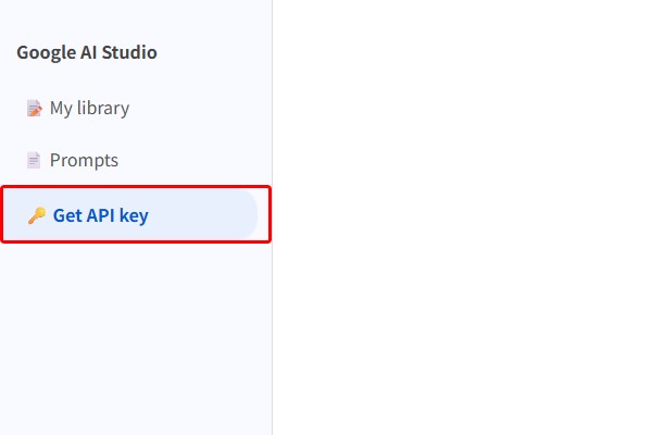 AI Studioの左メニューから、鍵マークのついた「Get API key」を選択します。