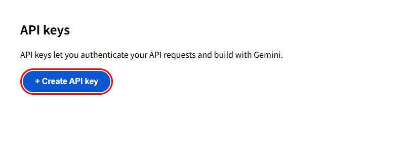 画面中央の青い「Create API key」ボタンをクリックして、新しいAPIキーを発行します。