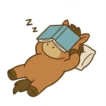 A cute chibi brown horse sleeping on a white pillow with an open blue book covering its forehead.