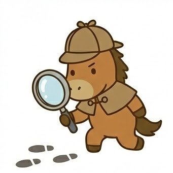 A chibi brown horse character dressed as a detective in a deerstalker hat and cape, examining footprints through a magnifying glass.