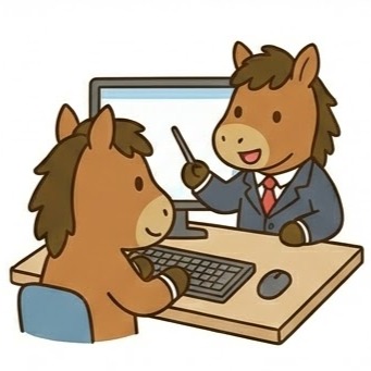 A horse character in a business suit points at a computer monitor while consulting with another horse across a desk.