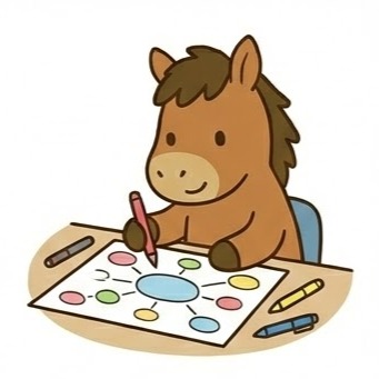 A brown horse character using a pen to draw a colorful bubble diagram or mind map on a large sheet of paper.