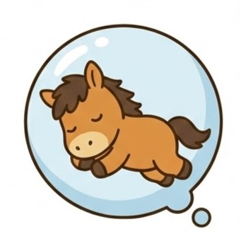 A brown horse is shown sleeping inside a large circular dream bubble.