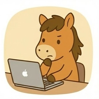 A cartoon horse sits at a desk, looking thoughtfully at a laptop computer with an apple logo.