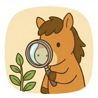 A cartoon horse uses a magnifying glass to closely inspect a small green plant.