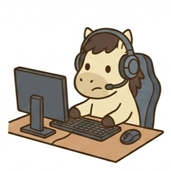 A cartoon horse wearing a headset and playing a game on a desktop computer at a desk.