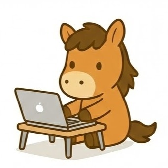 A cartoon horse sitting at a small table using a laptop computer.