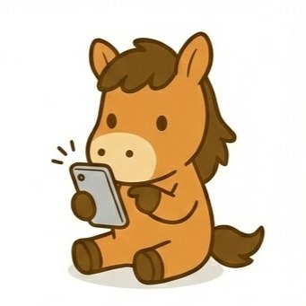 A cartoon horse sitting and looking at a smartphone held in its hooves.