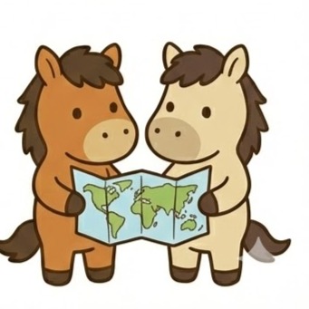 A brown horse and a cream horse standing together and examining a world map held between them.