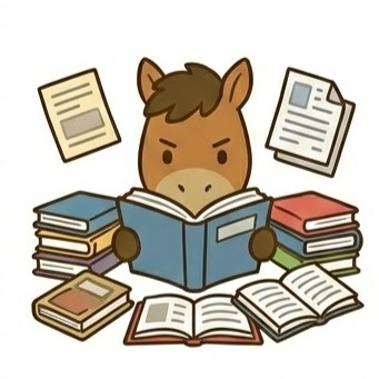 A brown horse surrounded by many books, reading an open book intently.