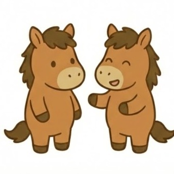 Two cute chibi-style brown horses standing upright and interacting on a plain white background.